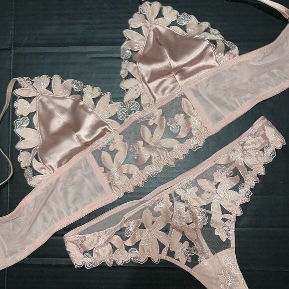 Victoria's Secret longline 36C BRA SET+BRALETTE+ROBE dusty pink taupe APPLIQUE - Picture 3 of 11